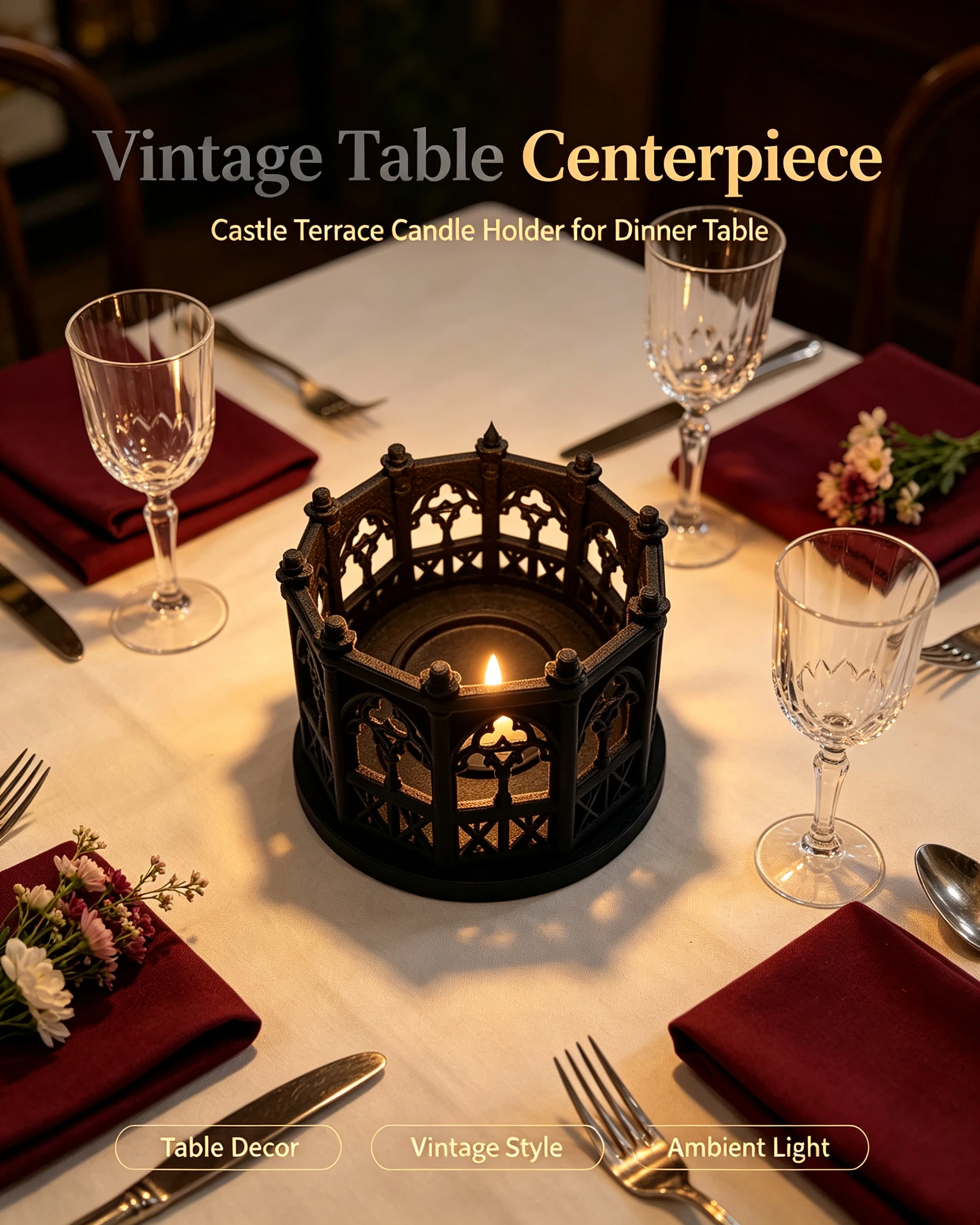3D printing simple European retro iron style castle candle stand Gothic tea cup candle holder open terrace