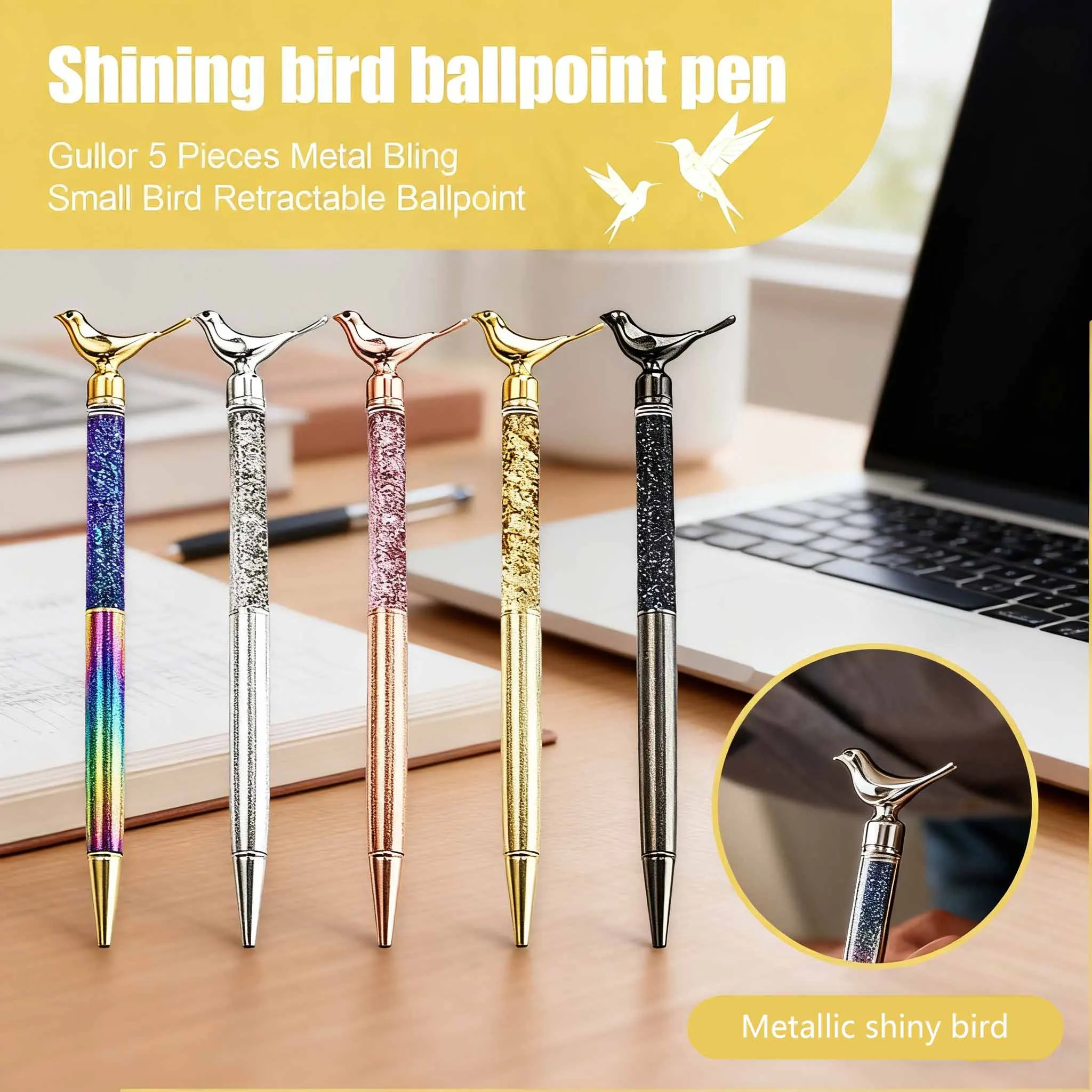 

5 шт. креативная шариковая ручка в форме птицы с блестящими блестками, декоративная ручка для письма для офиса и подарка