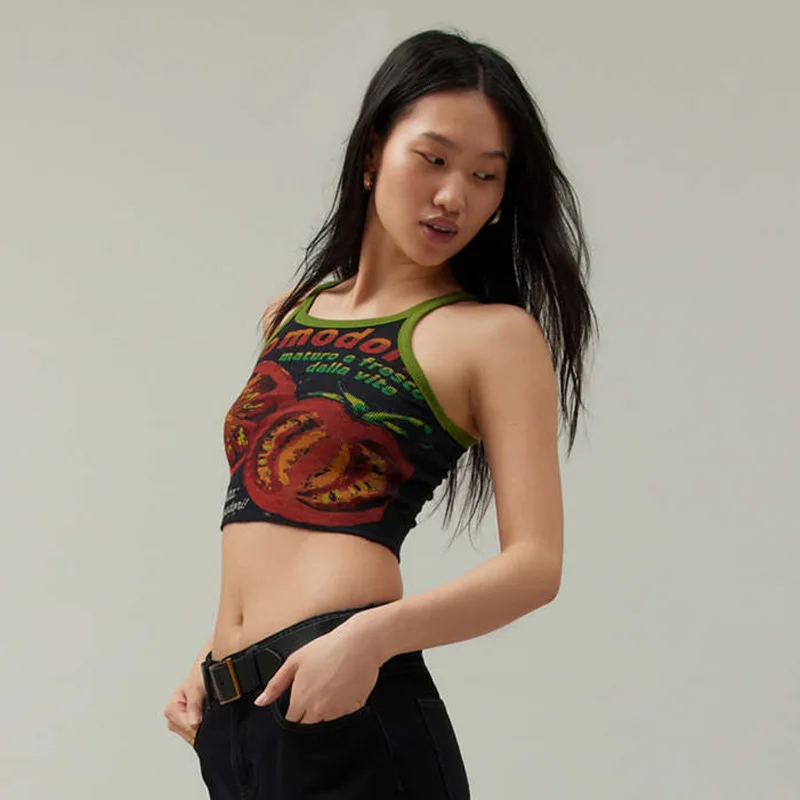 Cross border fruit printed round neck sleeveless short top with exposed navel and slim fit, casual y2k vest for foreign trade