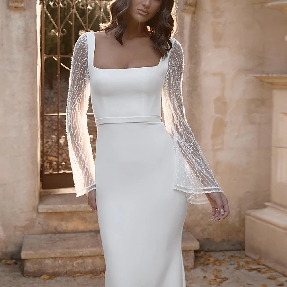 

Customized Beaded Mermaid Wedding Dresses Square Neck Flare Sleeve Bride Gown Backless Satin Vestidos De Novia