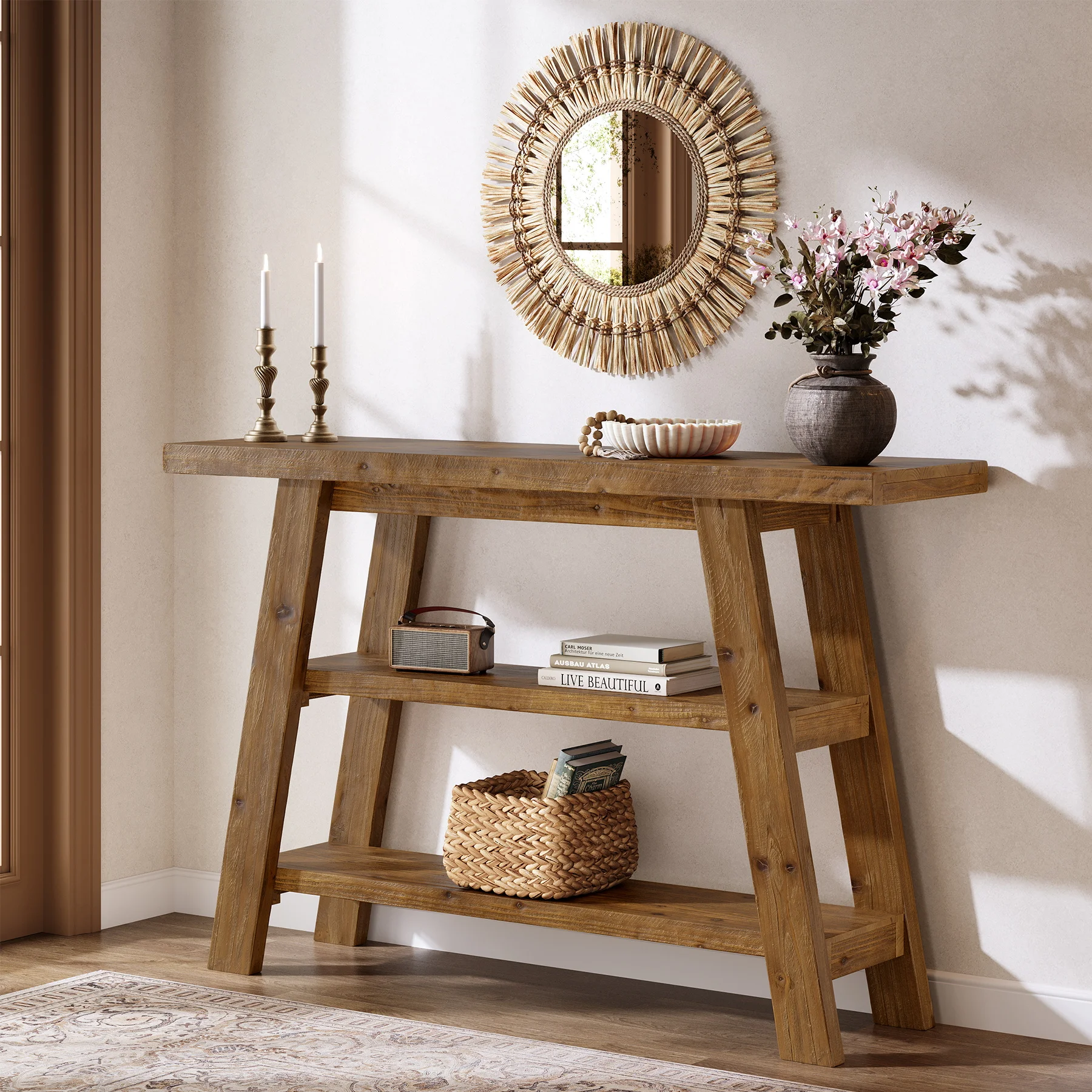 Solid Wood Console Table, 47.24" Farmhouse Narrow Entryway Table with 3-Tier Storage Shelves, Accent Sofa Table for Hallway, Foyer & Living Room (Retro Brown) view 6
