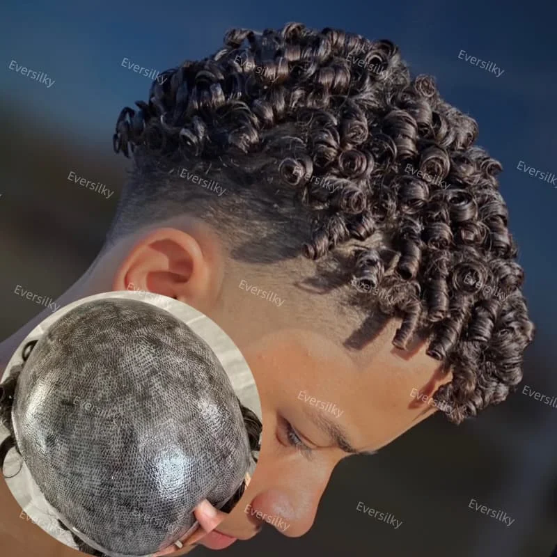 

Men’s Capillary Prosthesis 100%Soft Human hair 15mm Afro Kinky Curly super thin skin men toupee 6" double Knotted Men's Wig