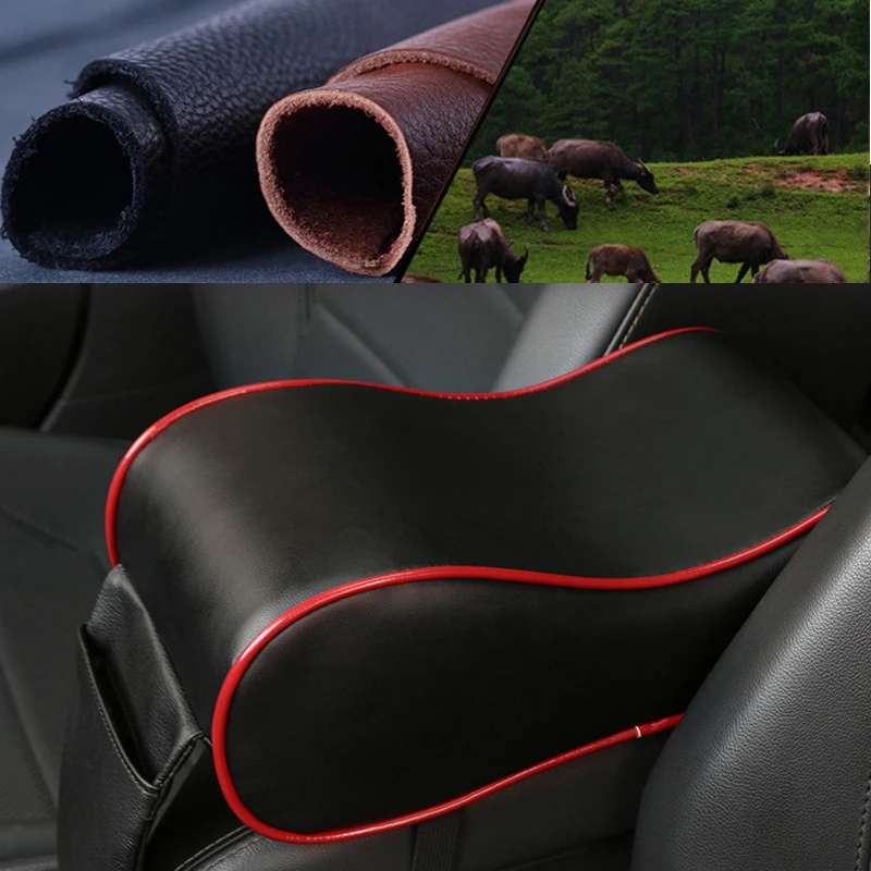 Universal Cowhide Car Armrest Box Pad Breathable Soft Space Memory Cotton Auto Centre Armrest Box Support Cushion Storage Pocket