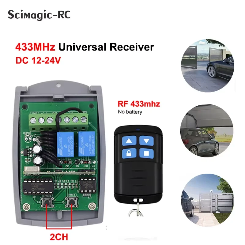 

Universal 2CH 433.92MHz Garage Door Opener Receiver DC 12V 24V Switch and 433MHz Remote Control Controller