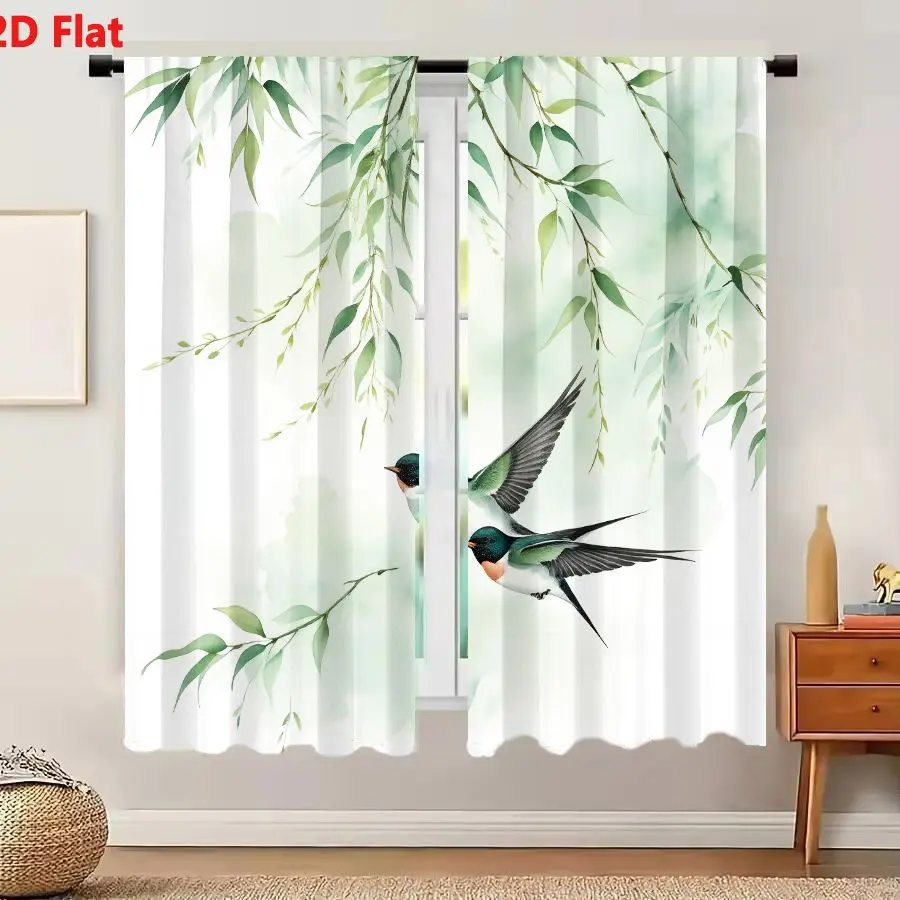 2Pcs Curtains 2D Flat Delicate Watercolor Swallows In Flight With Willow Branches On Mint Green Background Window Drapes for Bed