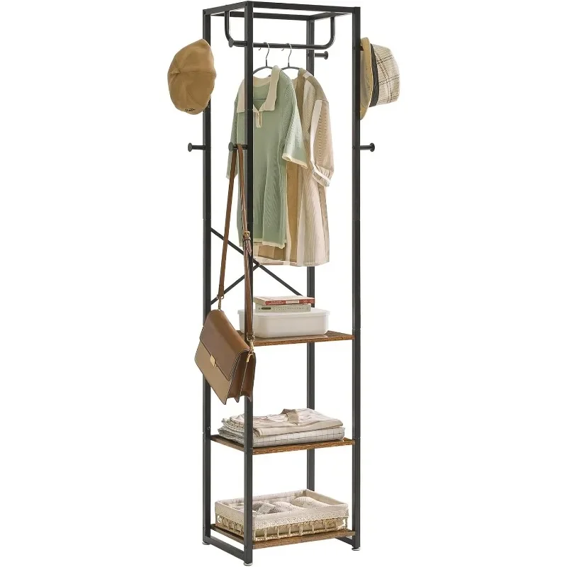 Coat Rack with Shelves, Freestanding Hall Tree with 3 Shelves and 8 Hooks, Industrial Clothes Stand for Entryway, Hallway,