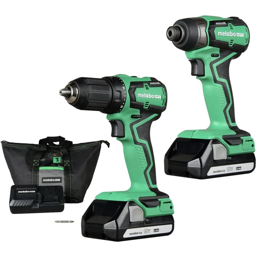 HPT Cordless 18V Drill and Impact Driver Combo Kit Sub-Compact Brushless Motor Lithium-Ion Batteries Lifetime Tool