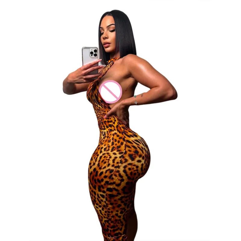 Europe and the United States summer new sexy hot girl halter neck strap leopard hip tight jumpsuit woman