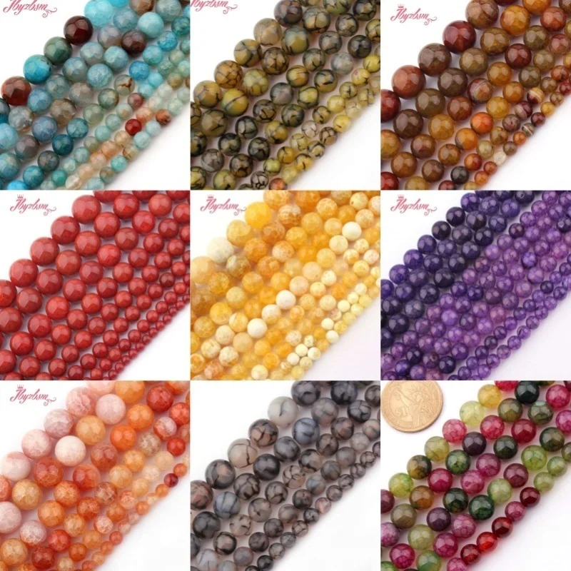 Natural Stone Beads Cracked Agate Smooth Round DIY Loose Spacer Strand 15 inches 6/8/10mm  For Necklace Bracelets Jewelry Making