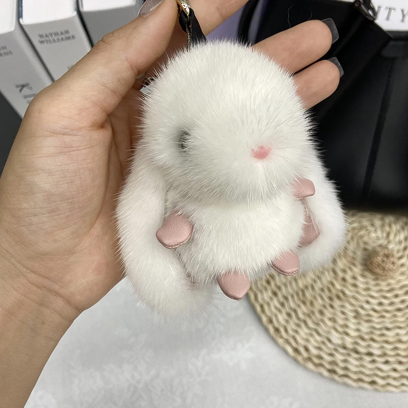 Real Mink Fur Big Ears Rabbit Car Pendant Fashion New Rabbit Bag Pendant Accessories Natural Mink Fur Cute Rabbit Keychain