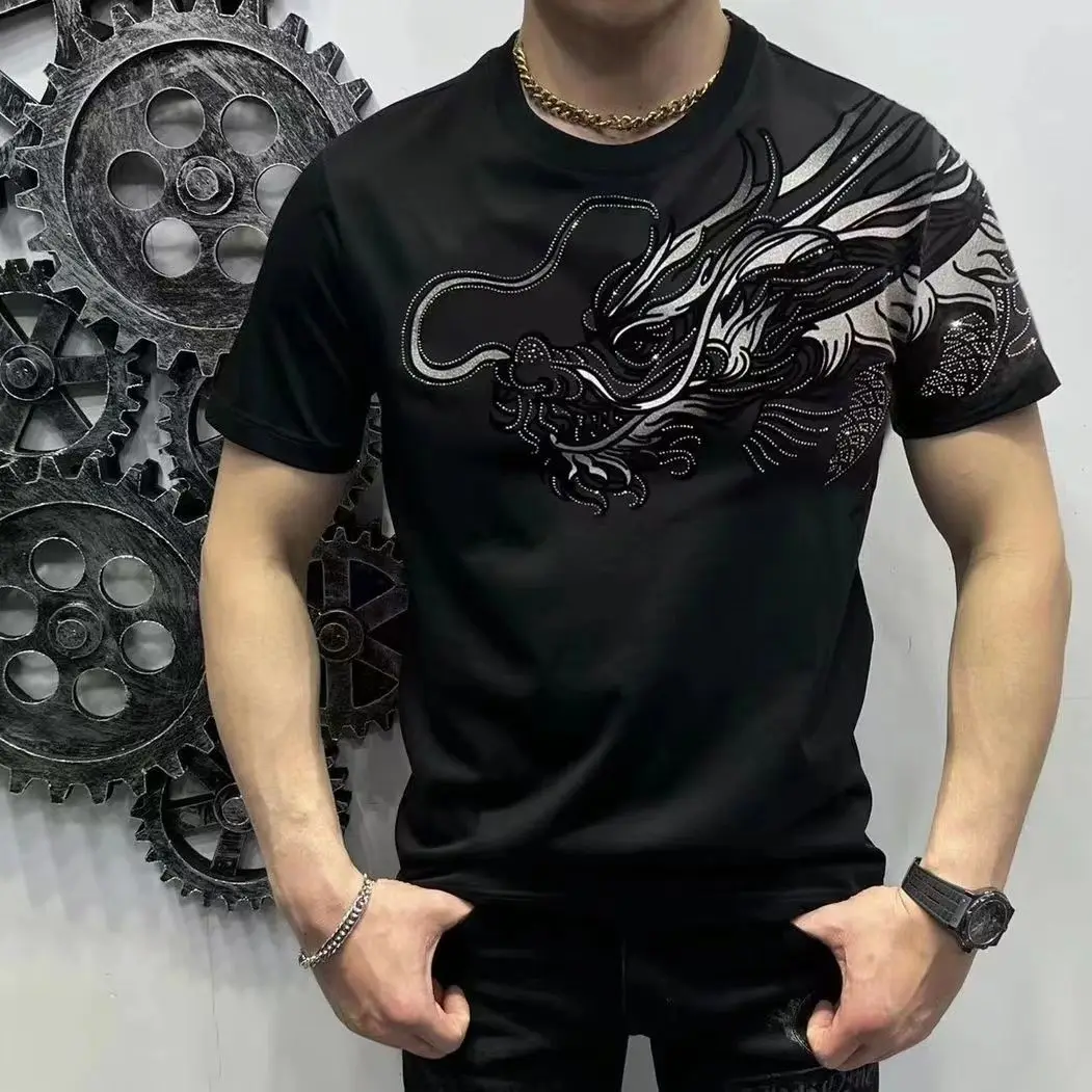 2024 Hot Drilling Dragon T-shirt in cotone da uomo New Summer Man Trend stampato T-shirt a maniche corte Maschile Traspirante Assorbente Top