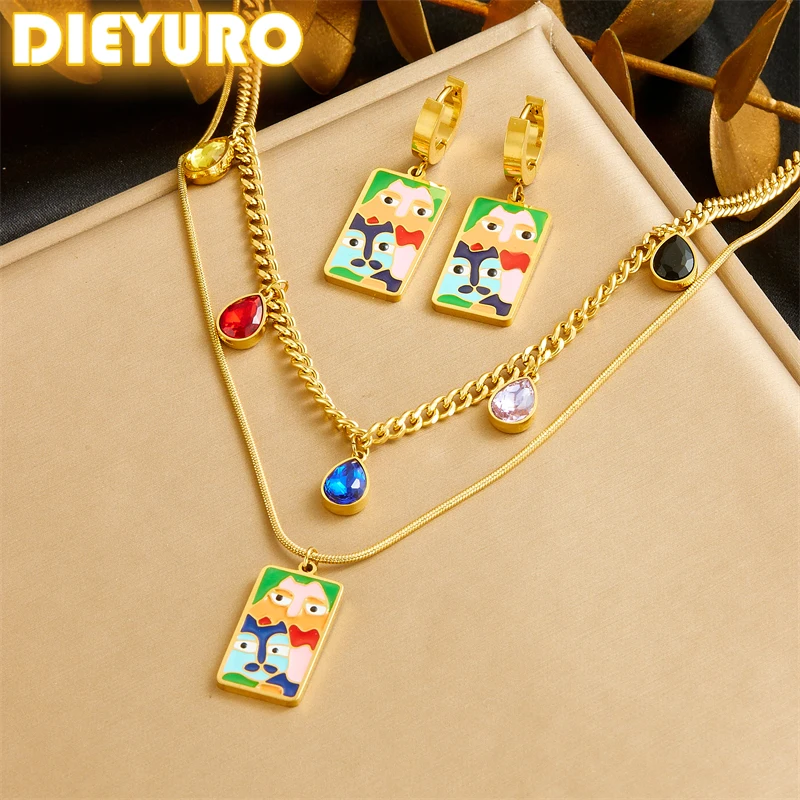 Dieyuro 316l Edelstahl bunte Cartoon quadratische Tropfen Öl Doppels chicht Halskette Ohrringe Anzug Mädchen Trend nicht verblassen Schmuck Set