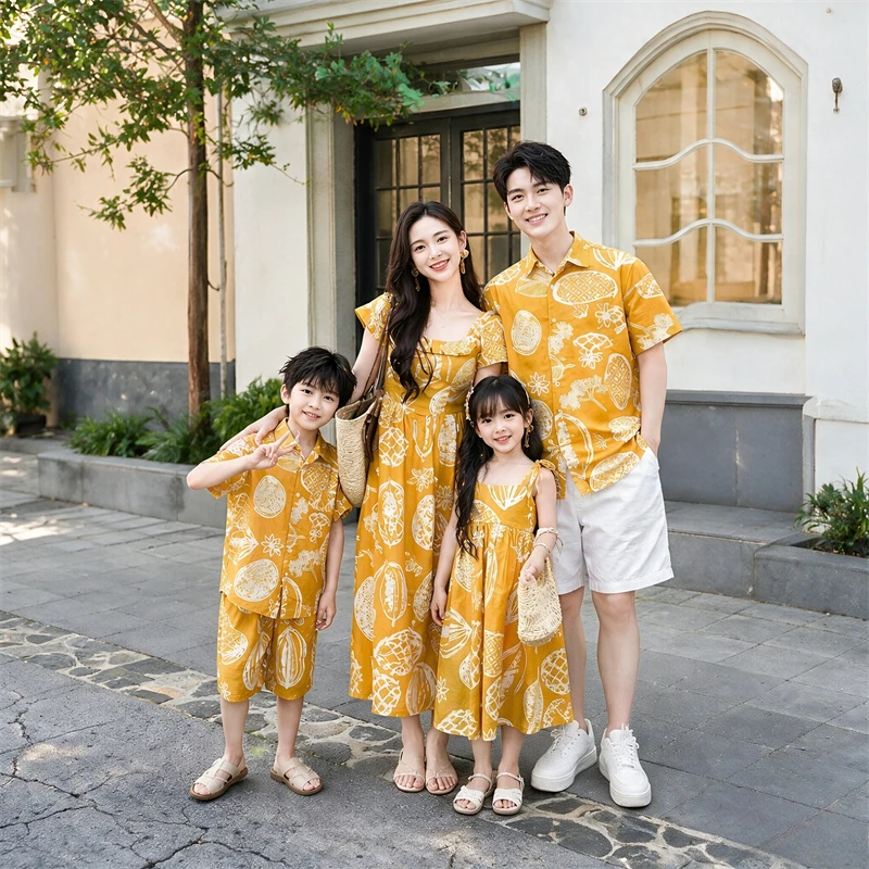 Vacation Family Matching Outfits Yellow Beach Mommy Daughter Dress Daddy Son Shirt Set Sister Brother Summer Holiday Clothes