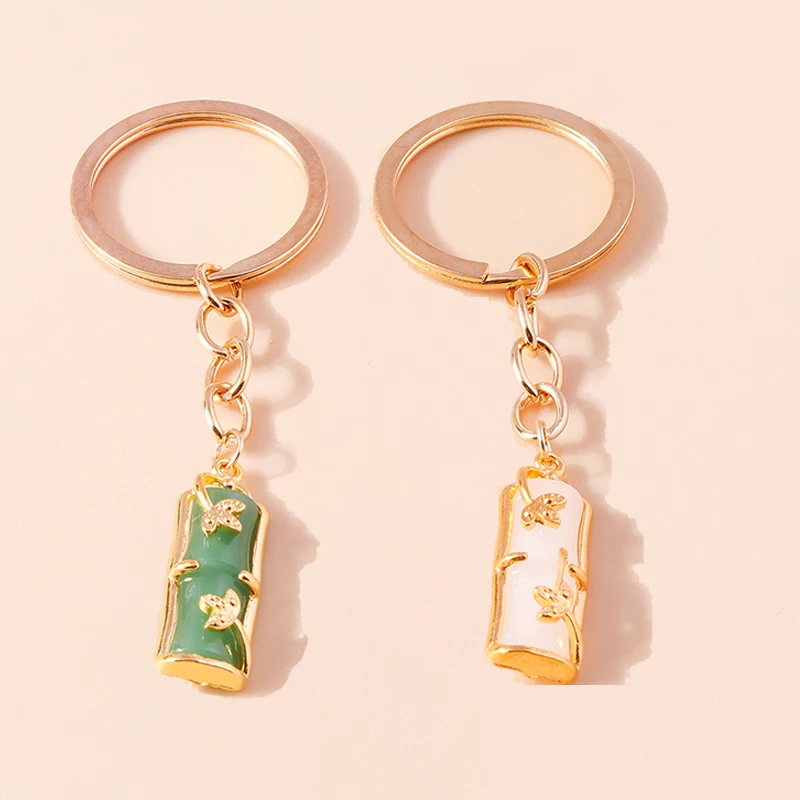 

Elegant Gemstone Jade Bamboo Keychain Charms Enamel Lucky Cat Keyrings for Women Men Handbag Pendants DIY Jewelry Accessories