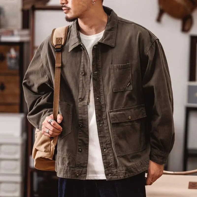 Fashion Vintage Loose Casual Men Cowboy Jacket Stylish Workwear Coat Multiple Pockets Spring Autumn Cotton Streetwear Outerwear