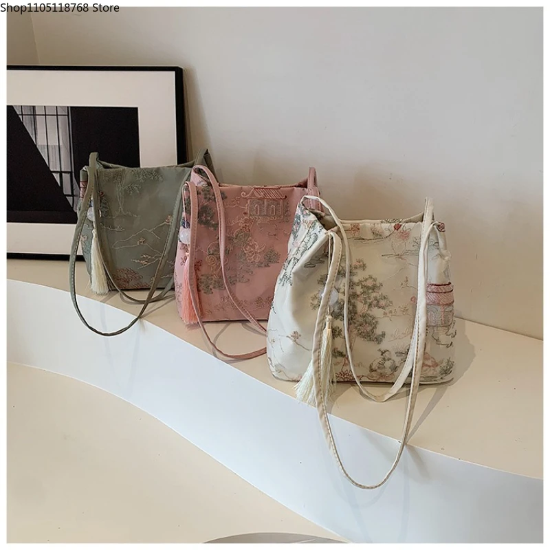 

Women's Shoulder Bag Retro Silk Tassel Bucket Bag Fashion Handbag Large Capacity Women's Casual Crossbody Bags