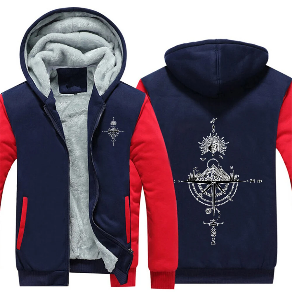 2025 Autumn And Winter Retro Compass Logo Print Men's Jacket New Fashion Casual Hooded Zipper Coat Streetwear Versatile Hoodies