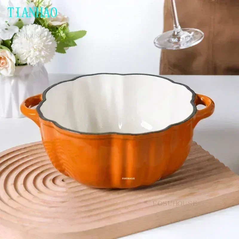 Pumpkin Enamel Pot Cast Iron Cookware Enamel Soup Pot Multifunctional Dutch Ovens Coating Non Stick Casserole Pot with Lid q
