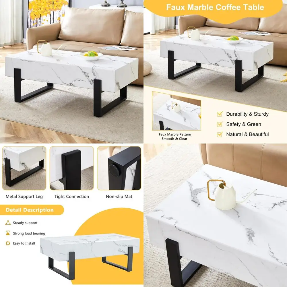 

Прямоугольный журнальный столик с мраморным узором и металлическими ножками для гостиной и столовых приборов в квартирах