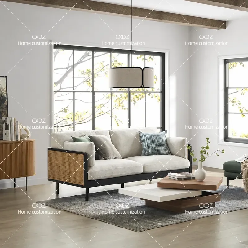 Nordic Solid Wood Sofa Wabi Sabi Style Ash Wood Rattan 3 Seater Straight Row Couch for Small Apartment Living Room Hotel