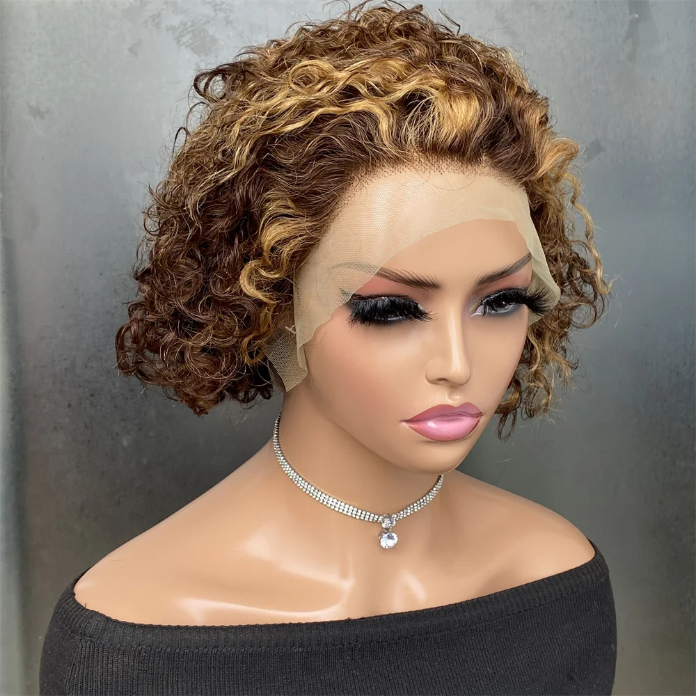 

13x4 Lace Front Human Hair Wigs P427 PrePlucked Brazilian Hair Transparent Short Bob WigsCurly PixieCut Wig ﻿