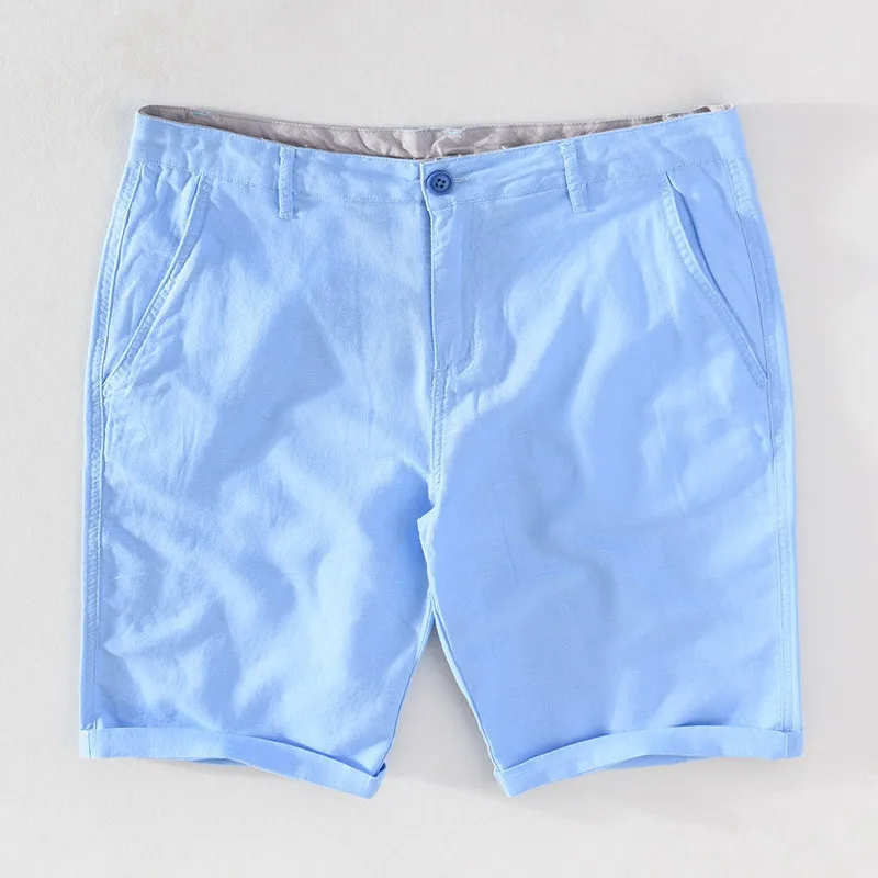 Calção de linho de algodão masculino, calça reta solta, botão curto, monocromático, branco, casual, feriado, verão, novo, 037