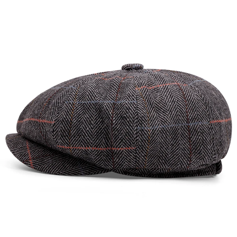 2023 Check Beret Vintage Men Wool Literary Youth Forward Hat British Style Newspaper Boy Hats Autumn-winter Fashion Octagon Cap