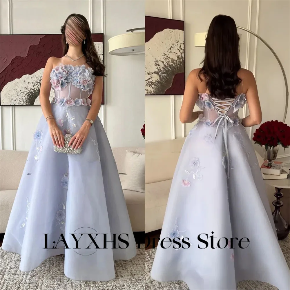 LAYXHS Exquisite trägerlose Abendkleider, A-Linie, 3D-Blumen-Tüll, durchsichtig, mit Schnürung, Damen-Abschlussballkleider, individuell gestaltet
