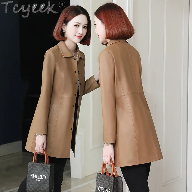 Tcyeek Genuine Leather Jacket Women Autumn Clothes Real Sheepskin Coas Mid-length Womens Leather Coat Slim Fit Jaqueta Couro