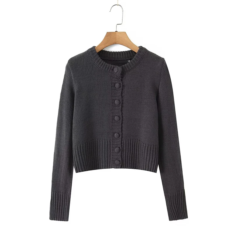 

YENKYE 2025 Women Front Button Long Sleeve O Neck Short Knit Cardigan Casual Autumn Outerwear Tops