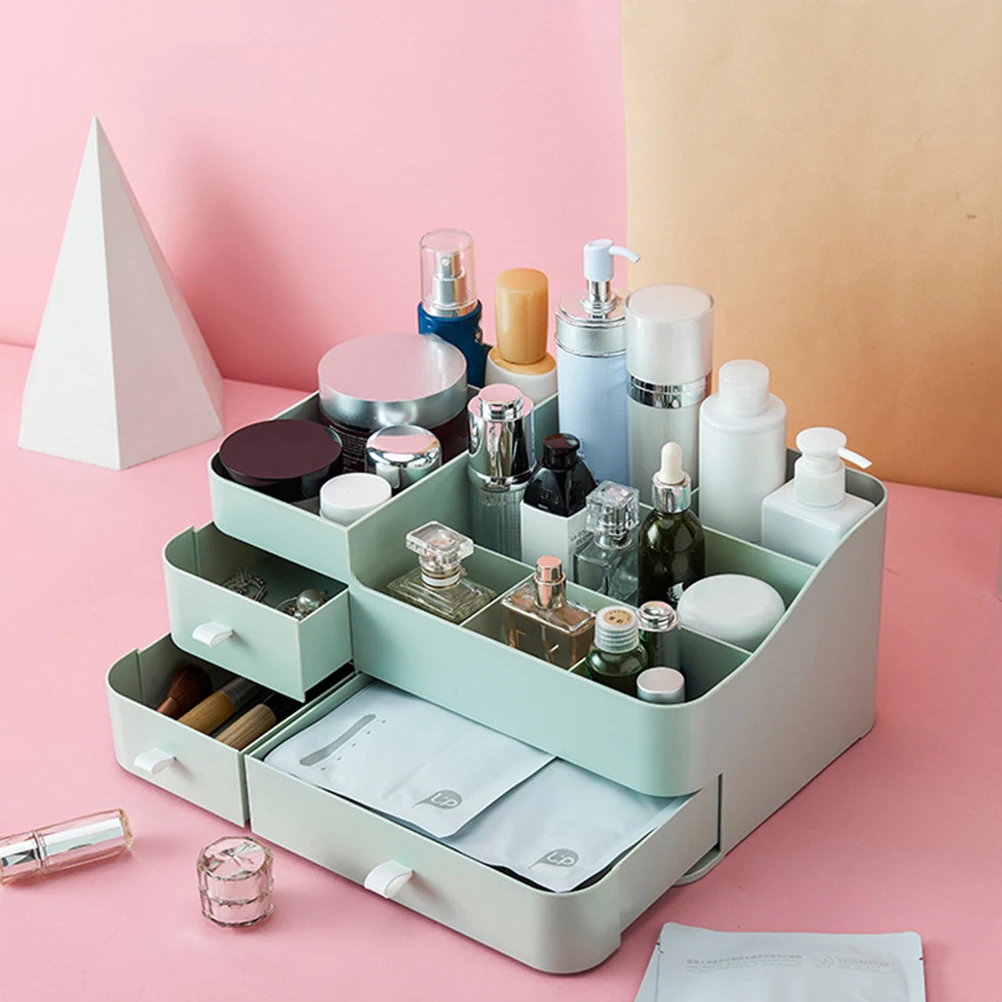 

1pc Drawer Storage Box Green Color Makeup Desk Organizer Plastic Cosmetics Box with Drawer Multiple Compartments Durable Long