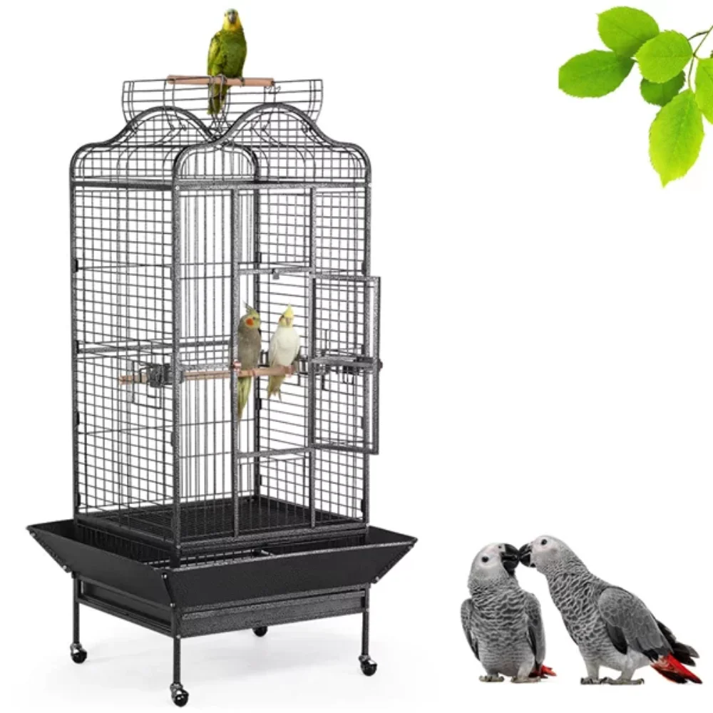 Smvp Extra Large Bird Cage with Rolling Stand, 3 Feeding Bowls and 2 Perches, Durable and Strong，Black