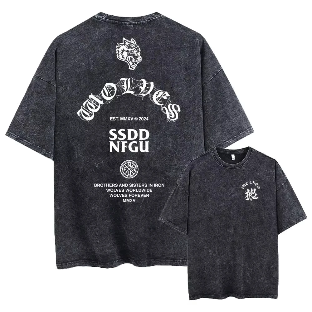 

Darc Wolves Washed Oversized T-Shirt Solid Cotton Sports Running Vintage Gym Workout Unisex Tee Top Summer Loose Tee Tops Pirnt