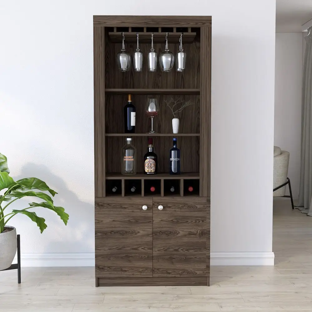 

Dark Walnut Finish Five Wine Cubbie Margarita Bar Cabinet