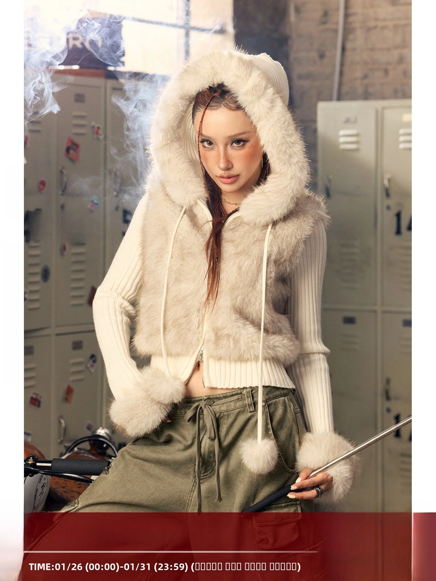 

BeerBro CI MOTO Soft Cozy Autumn Winter Hooded Sweater Cardigan Women's Faion Street Sle Patchwork Fur Splicing Warmth