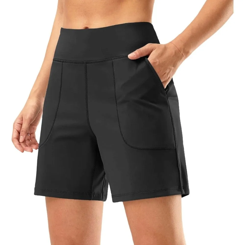 

Elastic Waist Women Running Shorts Quick Dry High Waist Active Workout Shorts Comfortable with Pockets Yoga Pants Gym
