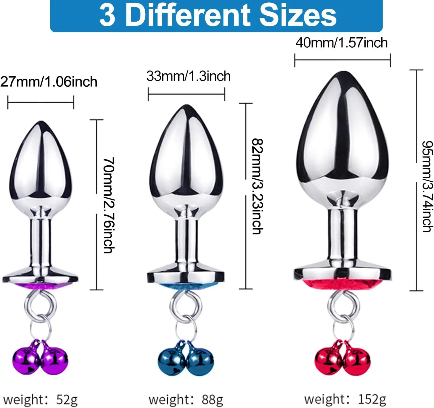小さなベルがセットされたお尻のプラグ,3つのサイズがあり,洗える,防錆SM, 3個
