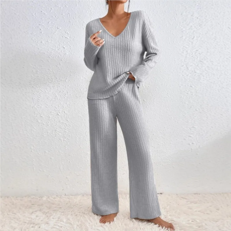 

Comfortable Simple Home-style Women's Set For Autumn/Winter 2025 Solid Color Long-sleeved V-neck Knitted Rusted Loose Casual Set