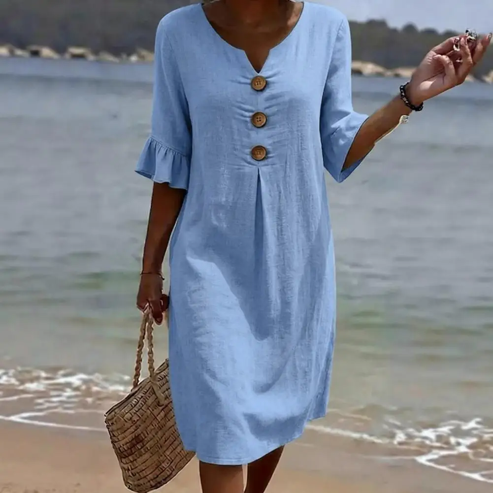 Vestido de Verão em Algodão e Linho para Mulheres, Vestido Sexy com Decote em V e Botões, Vestido Midi com Mangas Curtas e Renda, Vestido de Praia