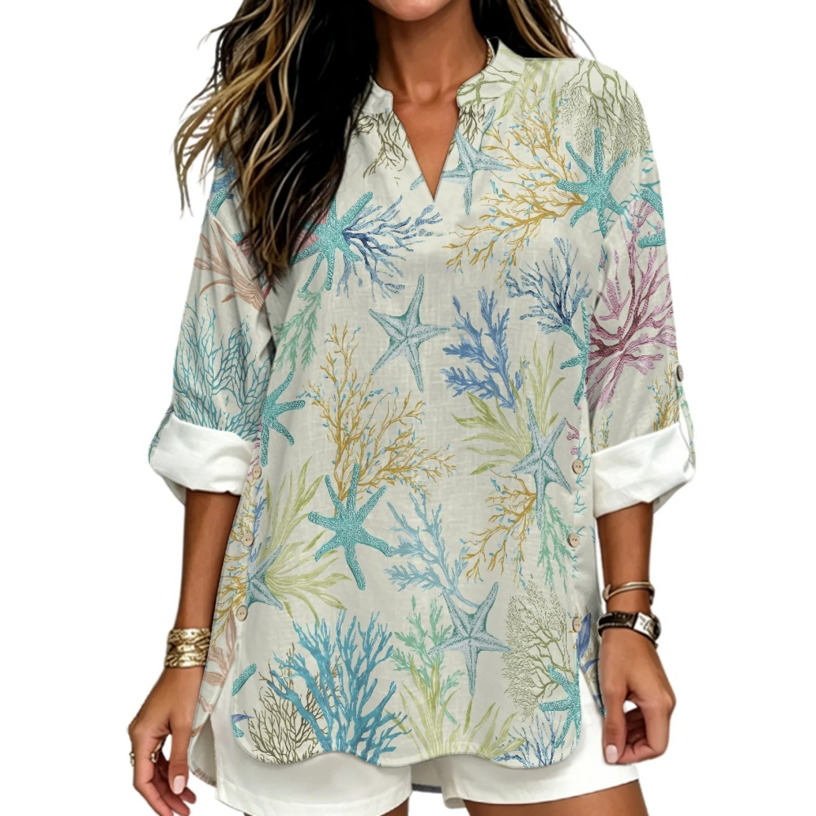 PENSTROLL Sea Star Coral Linen-Like Tunic Shirts Loose Women's Long Sleeve Shirts for Summer Coastal Trips Sizes S-5XL