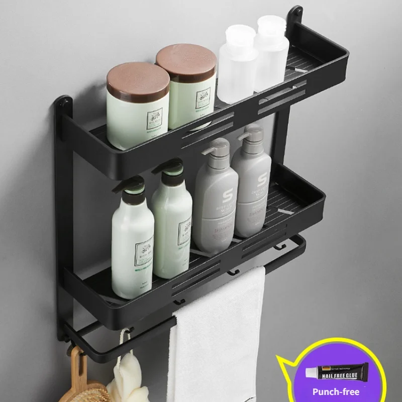 Space Aluminum Black Bathroom Shelf Free Perforation Wall Hanging Toilet Vanity Towel Storage Wall