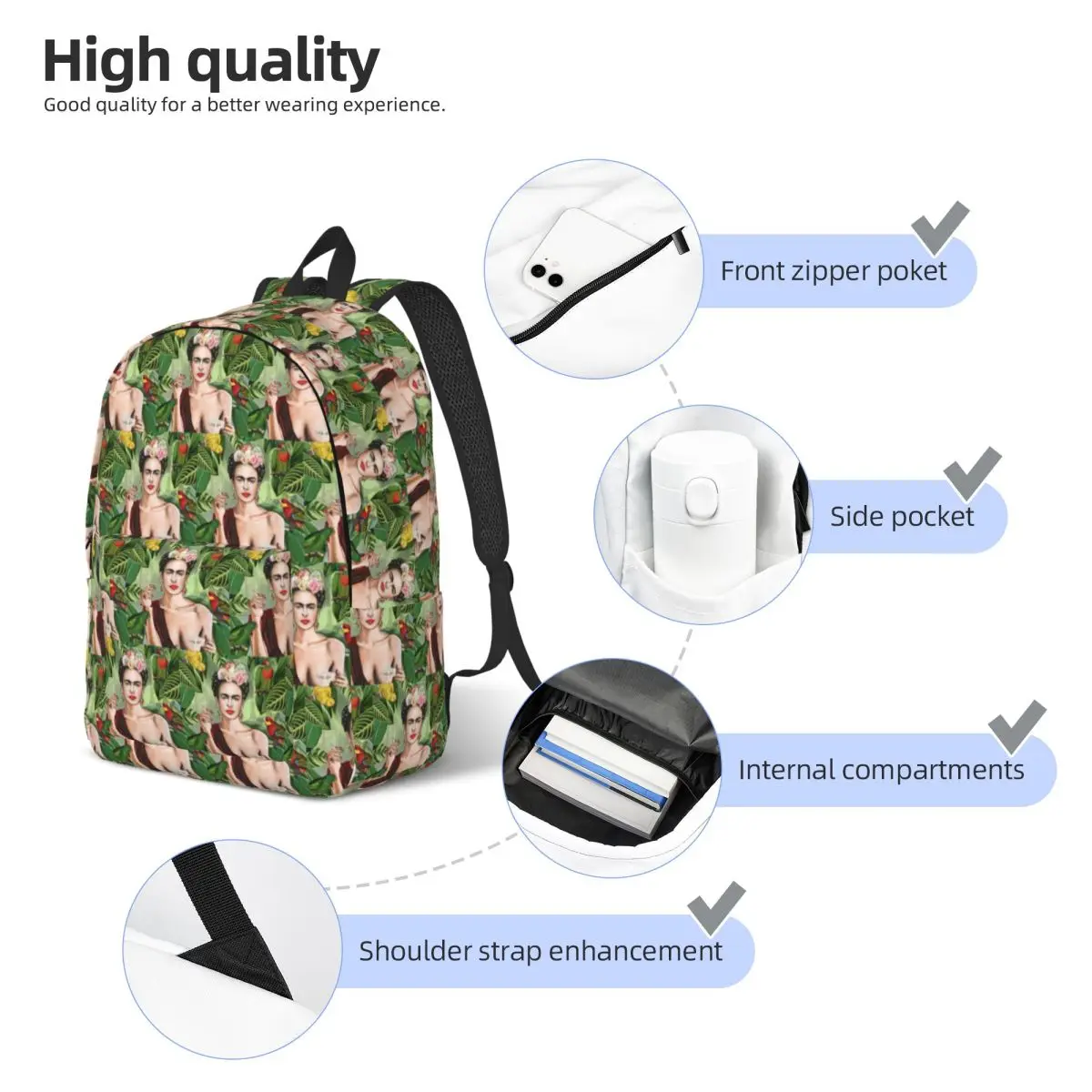Frida Khalo Flowers T-Shirt Artist Painter Student Backpack School Bag Hiking Travel Daypack for Men Women Bookbag Shoulder Bags view 5
