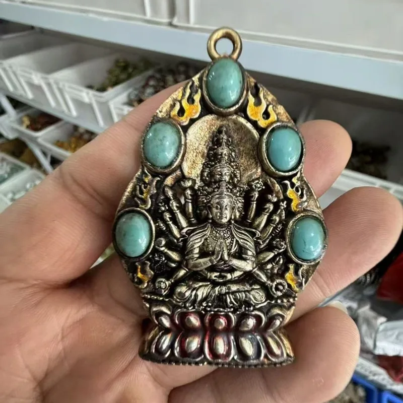Vintage Collectible White Copper Painted Thousand-Hand Guanyin Pendant, Turquoise Inlay, Well Preserved Unisex Necklace Charm