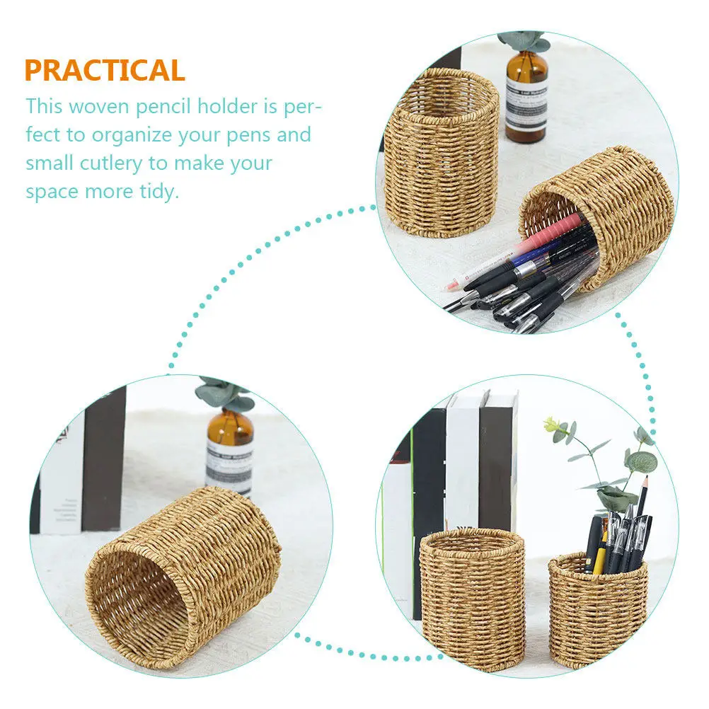 Imitation Rattan Pen Pot Woven Desktop Organizer Pencil Holder for Stationery Brushes Makeup Tools Large Capacity Tabletop Pen