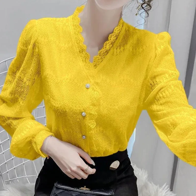 Bright Colors Spring Summer V-Neck Lace Single Breasted Puff Sleeve Women Shirt Hollow Out Thin Fashionable Multiple Colors Slim