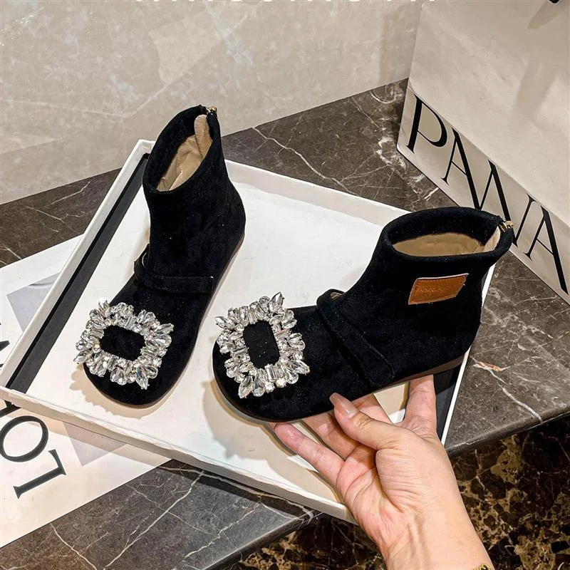 Toddler Girls Shiny Rhinestone Leather Boots 2025 New Autumn Winter Kids Thermal Boots Soft Sole Chic Princess Girls Party Boots