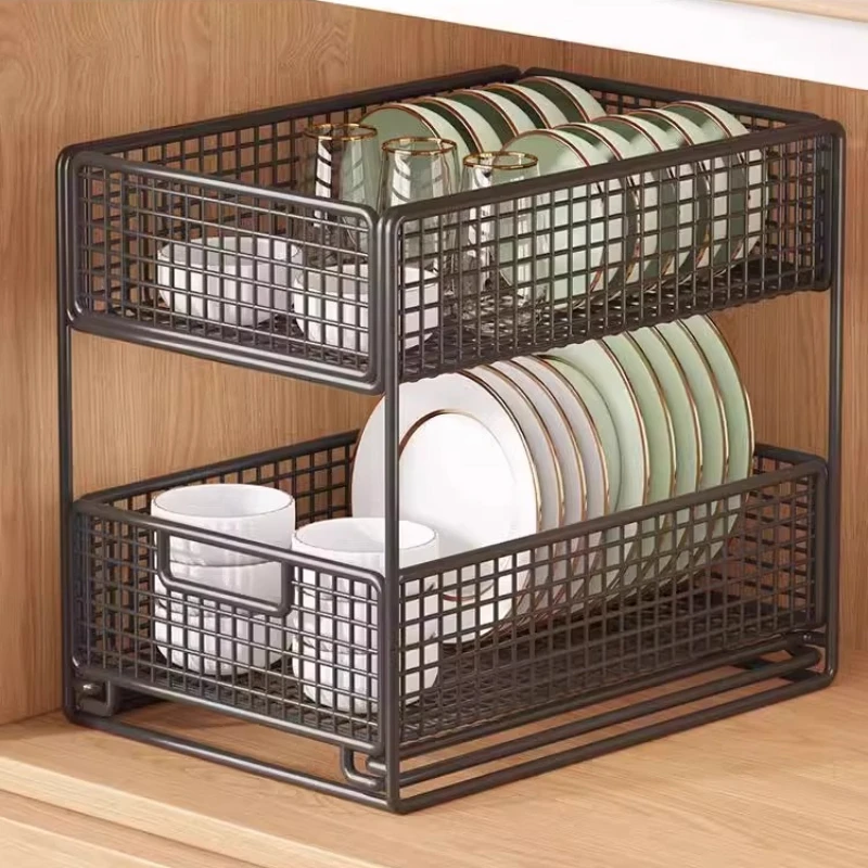 Under-Sink Pull-Out Storage Rack Double-Layer Deep Drawer Organizer Kitchen Cabinet Slide Basket Multi-Functional Large