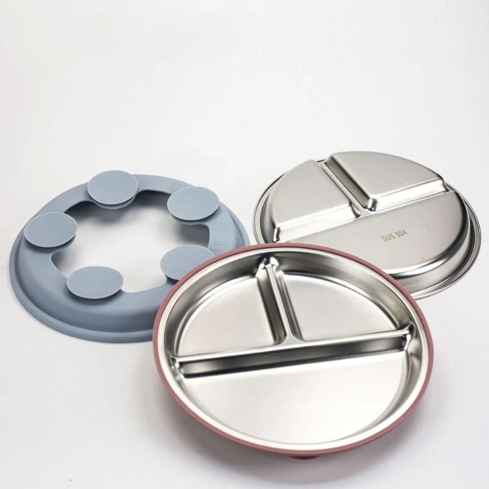 Silicone Suction Cup Baby Sucker Dining Plate 304 Stainless Steel Divided Design 3 Grids Children Dishes Anti-fall Non-Slip