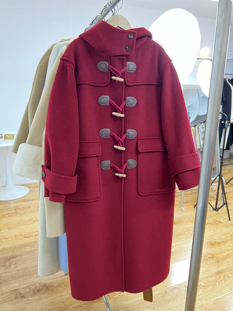 High-end Red Horn Button Hooded Double-sided Wool Coats New Fashion Cashmere Coat Long Warm Woolen Coat Long Loose Autumn Winter