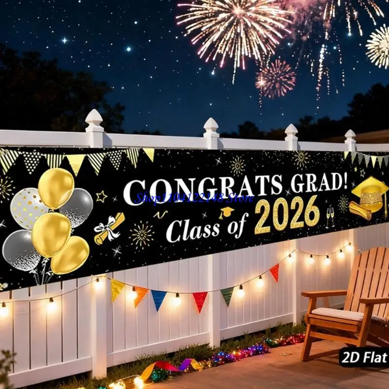 P9FA Class Of 2026 Graduation Backdrop Decors Polyester Fabric Banners Black Gold Color 200X40Cm Size For 2026 Students